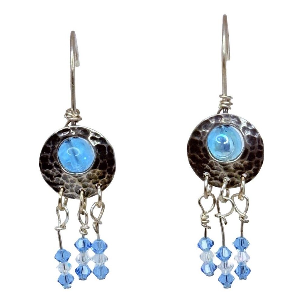 JBB Israel 925 Sterling Silver Blue Crystal Hammered Chandelier Dangle Earrings